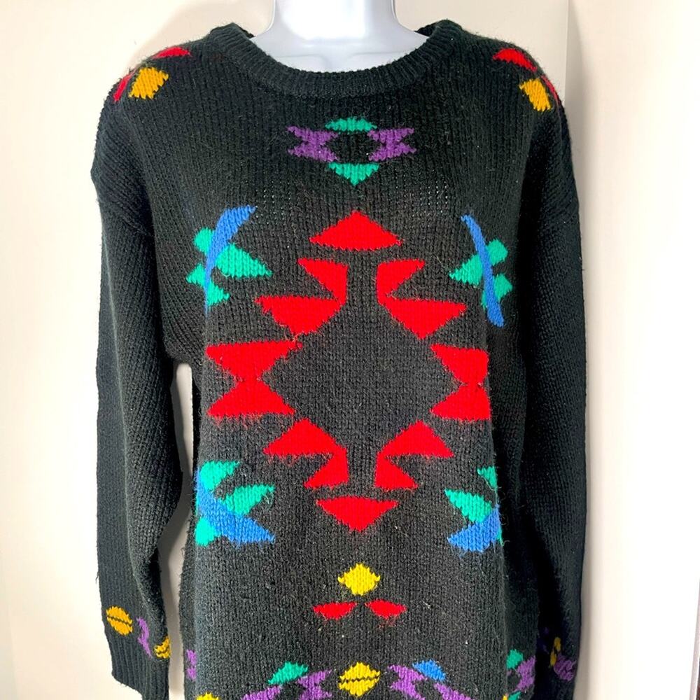 Vintage Genesis Acrylic Sweater, black with Aztec pattern size M